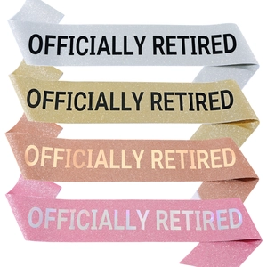 Officially Retired sash set in gold silver and pink glitter fabric for retirement parties