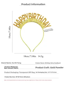 Détail du serre-tête doré Happy Birthday montrant la taille 18x19cm et le tissu non-tissé