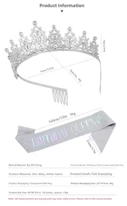 Silver Birthday Queen sash with sparkling crystal crown tiara hair comb detail set