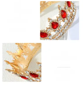 Detail view of baroque crown featuring red rhinestones and gold-plated alloy texture