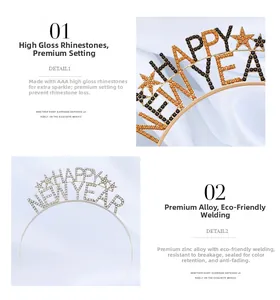 Détail d'un serre-tête en métal avec lettrage HAPPY NEW YEAR et strass AAA brillants