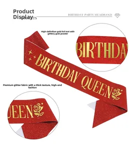 Detail of red glitter sash with gold BIRTHDAY QUEEN foil stamping and floral patterns