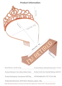 Detailed size specifications for the rose gold retired tiara and glitter sash set