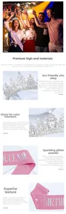 Detailed view of silver crystal tiara and pink Birthday Queen glitter sash set