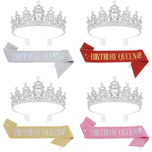 Birthday Queen set featuring a sparkling crystal tiara and glitter sash in four colors