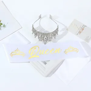 Silver crystal crown and white satin Queen sash set for elegant birthday party events