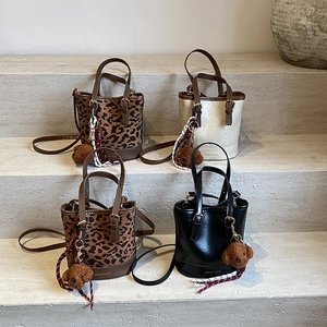 Large leopard print bucket bag set with teddy bear charms and long straps