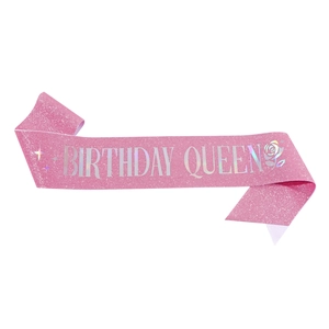 Rosa Glitzer-Schärpe Birthday Queen mit silbernem Laserdruck und Rose für Geburtstag