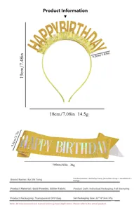 Dimensions détaillées du serre-tête Happy Birthday pailleté et de l'écharpe de fête