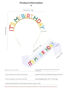 Detailed dimensions of 160x9.5cm glitter sash and 17x16.5cm birthday headband set