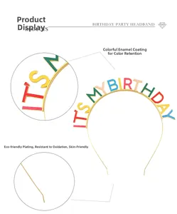Detail of IT'S MY BIRTHDAY gold metal headband with colorful drip oil enamel lettering