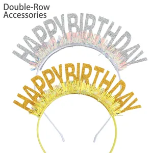 Serre-tête Happy Birthday pailleté avec lettres or et argent et franges en guirlandes