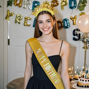 Ensemble écharpe et diadème Happy Birthday dorés portés par un modèle à une fête