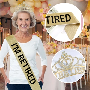 Retirement party set with silver rhinestone crown and gold glitter sash for senior women