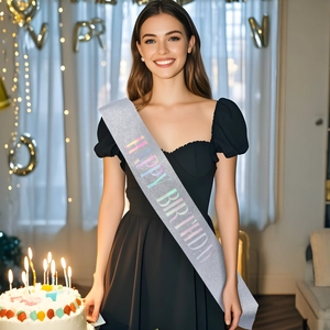 Silver glitter Birthday Sash with holographic Happy Birthday text for party decoration