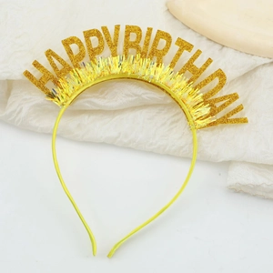 Serre-tête Happy Birthday pailleté doré avec franges en clinquant jaune pour fête