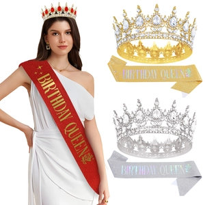 Baroque Birthday Queen Crown Sash Set For Women Rhinestone Alloy Tiara Glitter Sash Birthday Party Decorations Accessories