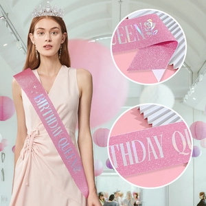 Pink glitter Birthday Queen sash and silver crystal crown set for celebration