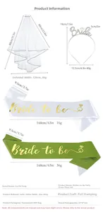Detailed size and weight chart for Bride to Be sash, tiara, and tulle wedding veil set