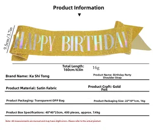 Detailed size specifications for a gold Happy Birthday party sash with laser engraving