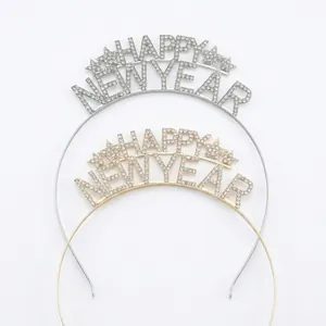 Serre-tête de fête HAPPY NEW YEAR à double rangée avec strass dorés et argentés