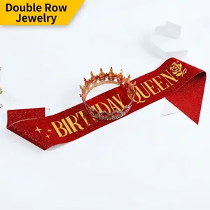 Golden Baroque crown with red rhinestones and red Birthday Queen sash for celebrations