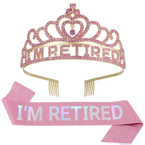 Retirement party set featuring a pink I'M RETIRED sash and golden rhinestone tiara