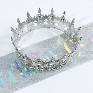 Elegant silver baroque tiara with rhinestones and Birthday Queen sash set for parties