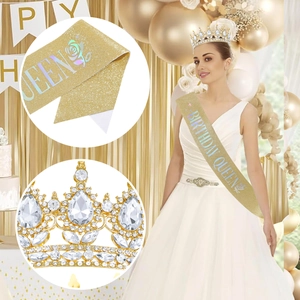 Baroque gold crystal birthday queen crown set with champagne glitter sash for party