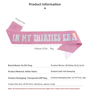 Pink glitter birthday sash measuring 160cm by 9.5cm with IN MY THIRTIES ERA holographic text