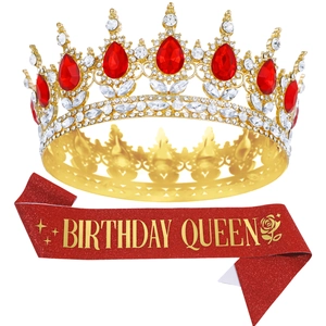 Golden baroque crown with red crystals and red Birthday Queen sash for celebrations