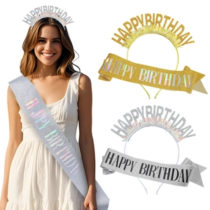 Happy Birthday Glitter Headband And Sash Combo Birthday Party Favors Alphabet Letter Headwear Tassel Celebration Decoration For Women Kids