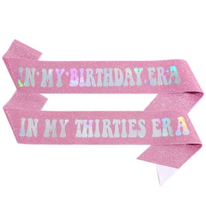 Pink glitter birthday sash with holographic lettering IN MY BIRTHDAY ERA for party decor