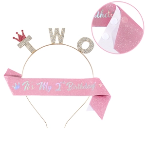 Ensemble de Décoration de Fête de 2ème Anniversaire pour Enfants Écharpe Rose Pailletée et Serre-tête Couronne Strass Or Fille
