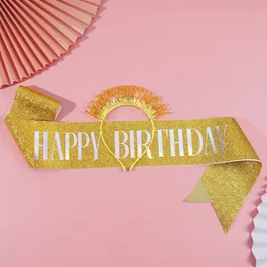 Glittering gold Happy Birthday sash and tiara set for elegant party decorations