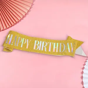 Sparkling gold glitter Happy Birthday sash with colorful lettering for party decoration