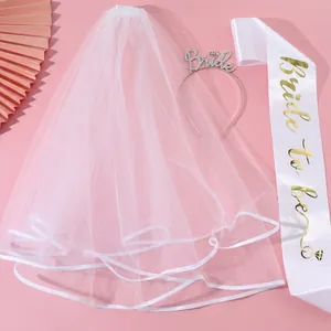 Bride to be 3-piece wedding party set with veil, rhinestone headband and satin sash