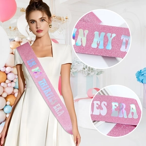 Pink glitter sash with holographic In My Thirties Era text for birthday party outfits
