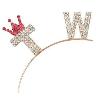 Serre-tête de luxe doré pour 2e anniversaire avec couronne en strass rose et lettre W