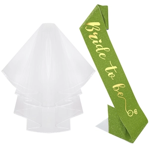 Bride to be 3-piece set with white layered tulle veil and green sequin shoulder sash