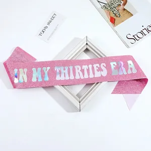 Pink glitter sash with In My Thirties Era laser lettering for 30th birthday party