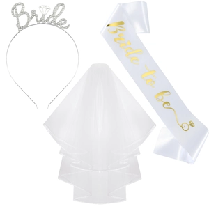 Bridal 3-piece set with rhinestone Bride headband, white veil and gold lettered sash