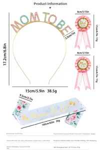 Detailed size and weight specs for Mom To Be headband sash and badge party set