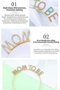 Macro detail of MOM TO BE headband with premium AAA rhinestones and gold plating