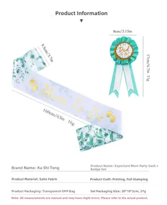 Eucalyptus leaf Mom To Be sash and Dad To Be badge set with precise size dimensions