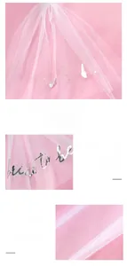 Detail of Bride to Be pink bridal veil with silver foil lettering and mesh texture