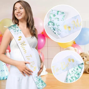 Fascia Mom To Be bianca con foglie verdi e scritte dorate per festa baby shower