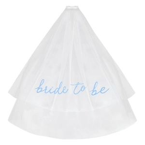 Detail of white double-layer bridal veil featuring blue bride to be text for hen parties