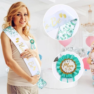 Mom To Be white satin sash and teal badge set for gender reveal party decorations