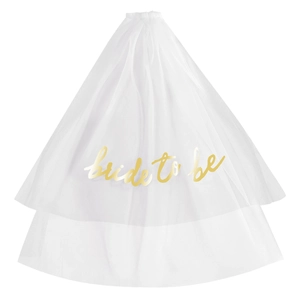 Detail of double-layer white tulle bridal veil with gold Bride to Be text and comb